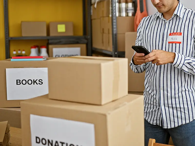 Man in donation warehouse surrounded by boxes